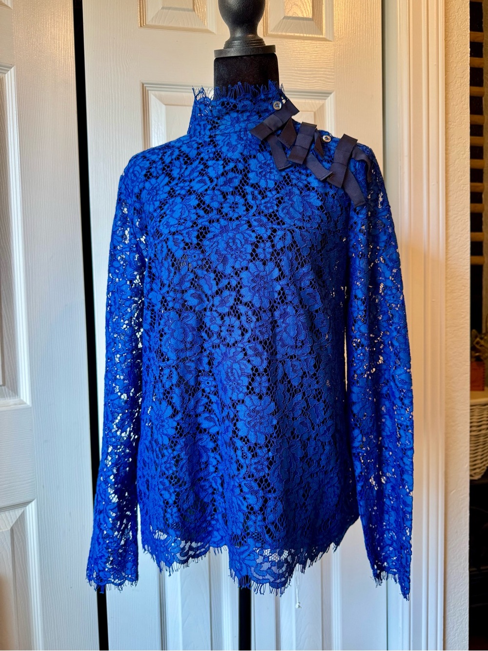 J. Crew Lace High-Neck Blouse with Shoulder Ribbon Detail